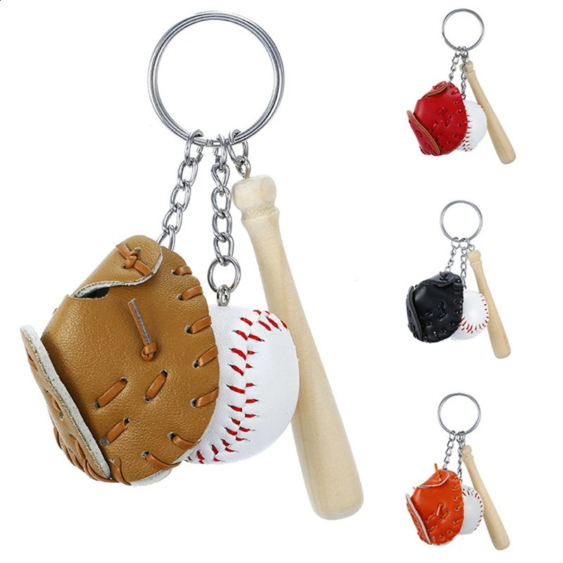 4 baseball bat keychains wooden baseball bat gloves mini keychain accessories sports keychain metalPU boy and girl pendant 250409