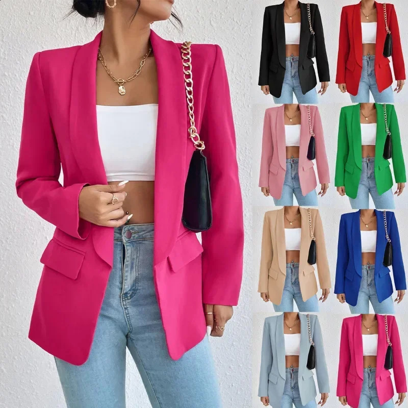 Spring womens solid polyester cotton non stretch long sleeved office jacket fashion outerwear 250407