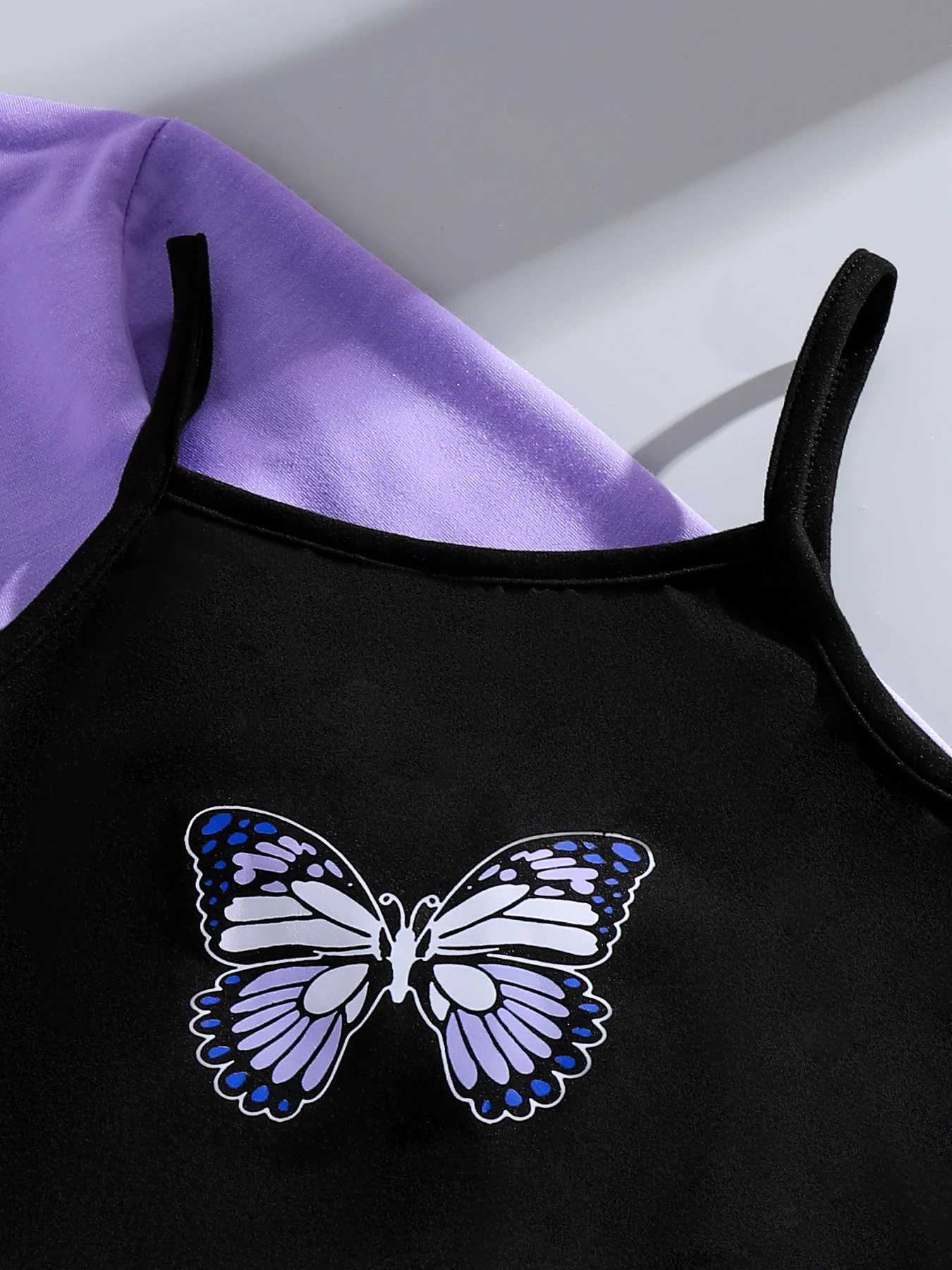 Spring and autumn childrens clothing girls fashionable outdoor casual purple hooded sweater+butterfly printed black vest setXJ250410