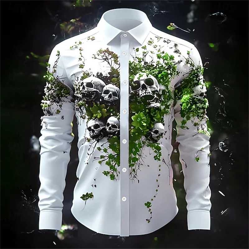 Christmas Mens Skull Button Shirt Long Sleeve Dark Punk Gothic Style Outdoor Holiday Spring Autumn Lapel Shirt Black K251110