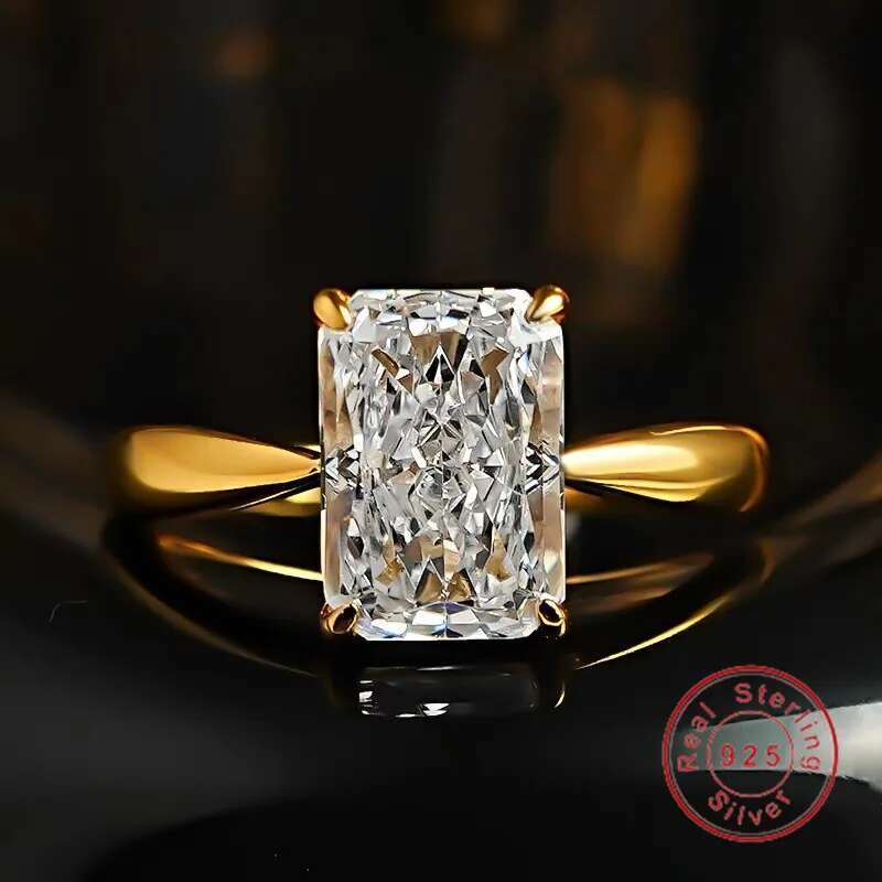 Sparkling Ins Top Sell Luxury Jewelry Elegant Genuine 100% 925 Sterling Silver 18K Gold Radaint Shape Moissanite Wedding Ring