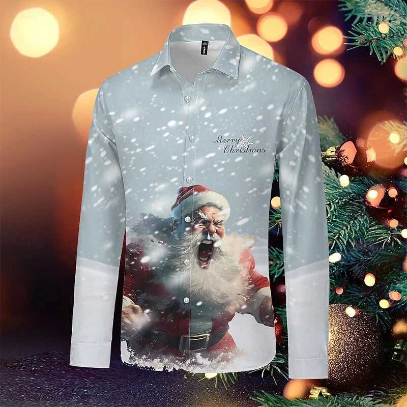 Fashion Christmas Themed 3D Printed Mens Casual Long Sleeve Shirt Street Wear Party Size Shirt Santa Claus Hot Sale K251110