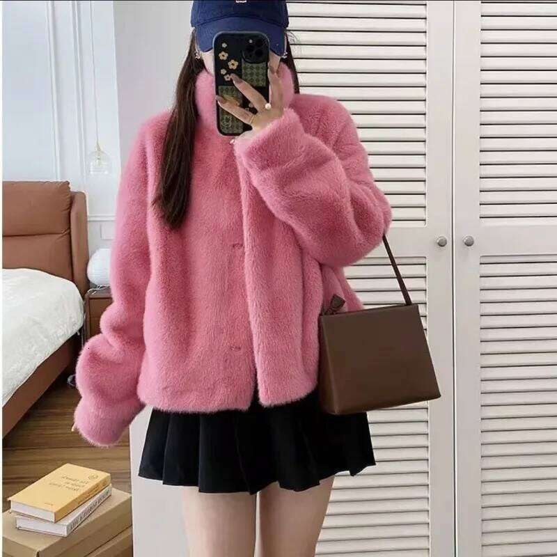 Women Fashion Stand Collar Mink Top Female Long Sleeves Fox Jacket Autumn And Winter Lady Short Leather Fur Outwear