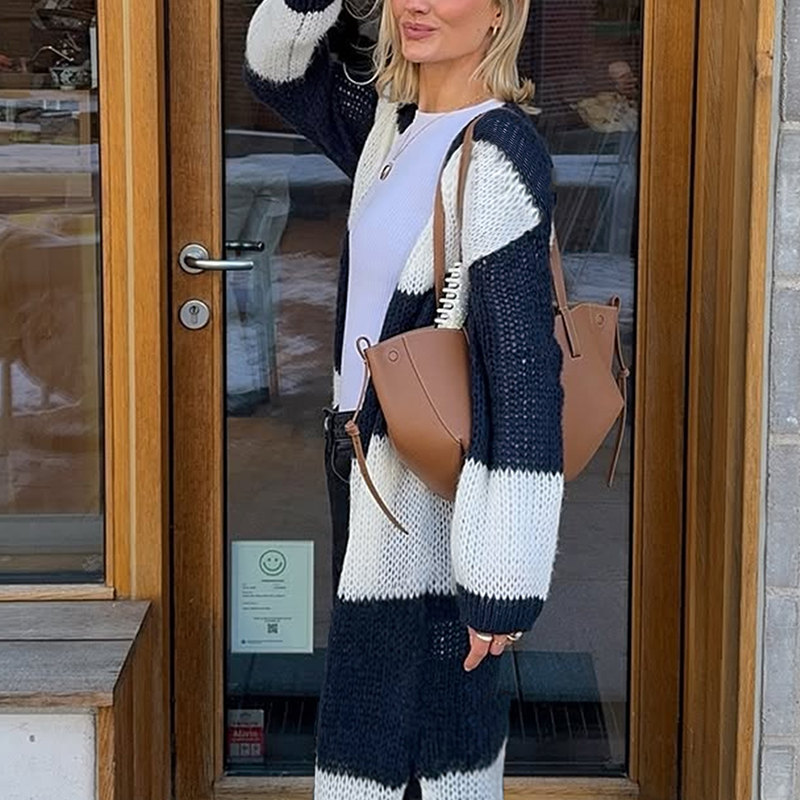 Women's long color-blocking striped cardigans, daily street sweaters, which are retro, elegant, suitable for vacations and are best-selling women
