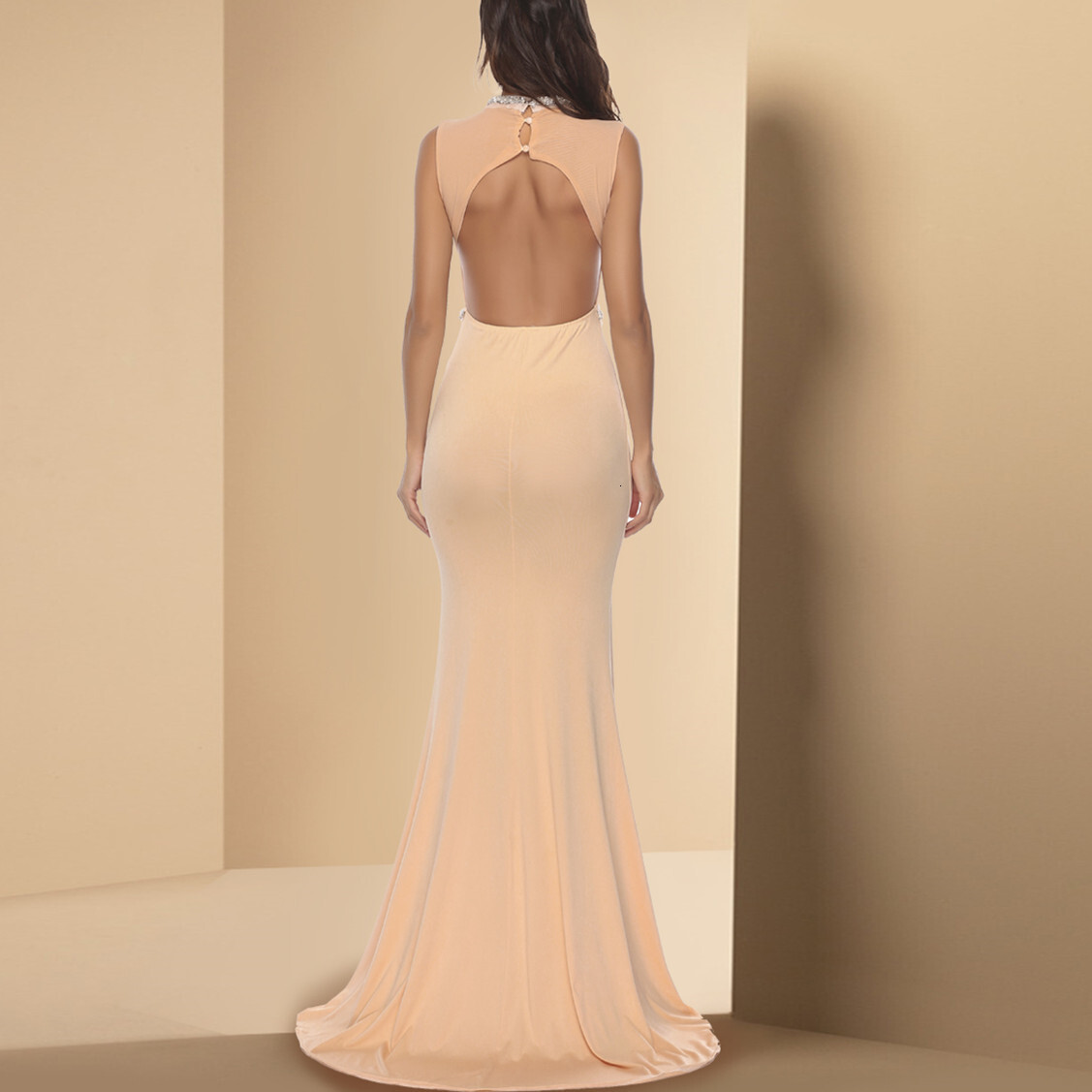 Women's dress with patchwork and diamond embellishments, backless trailer, evening dress, banquet length, women