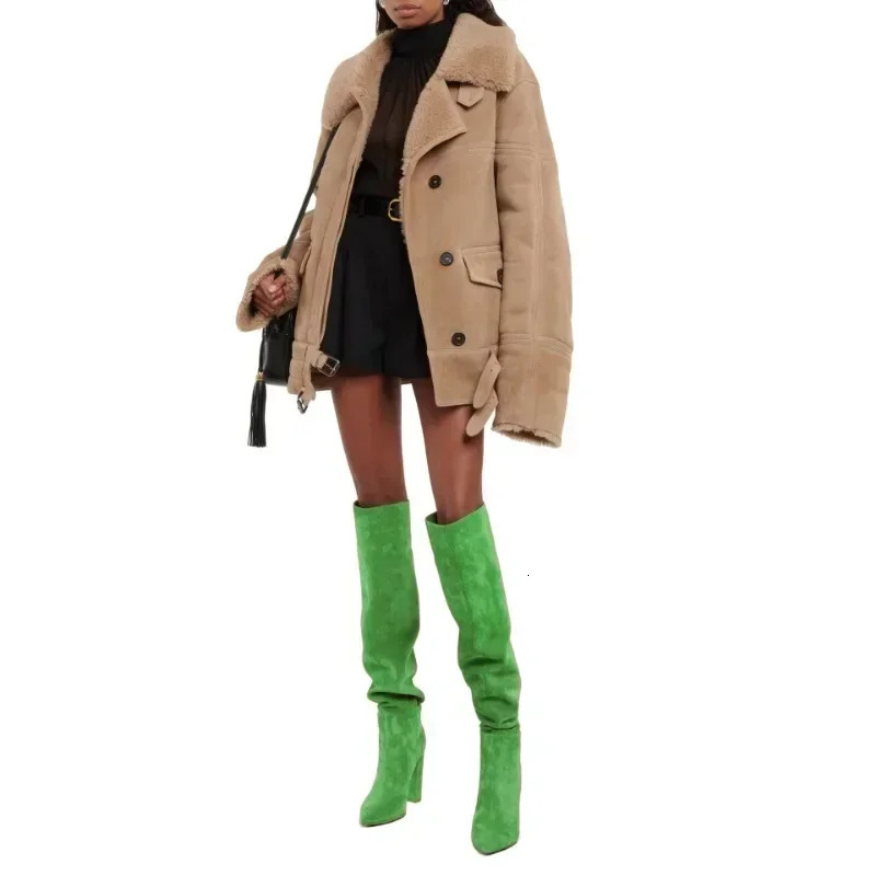 Womens Suede Thick High-heeled Sleeve Knee High Boots European and American Fashion Runway Shoes Shoes 251106