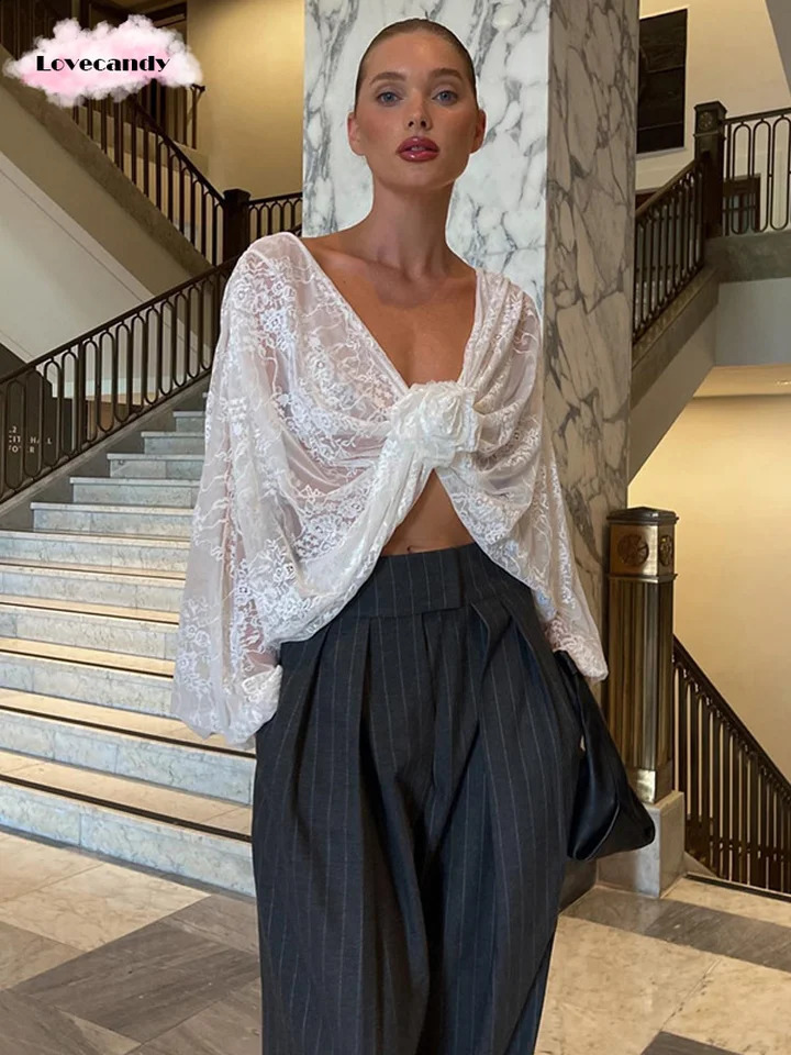 2025 Sexy Womens See Through Crop Tops White Lace Hollow Out 3d Flower V Neck Blouses Summer Vacation Short Full Sleeve Shirts 250409
