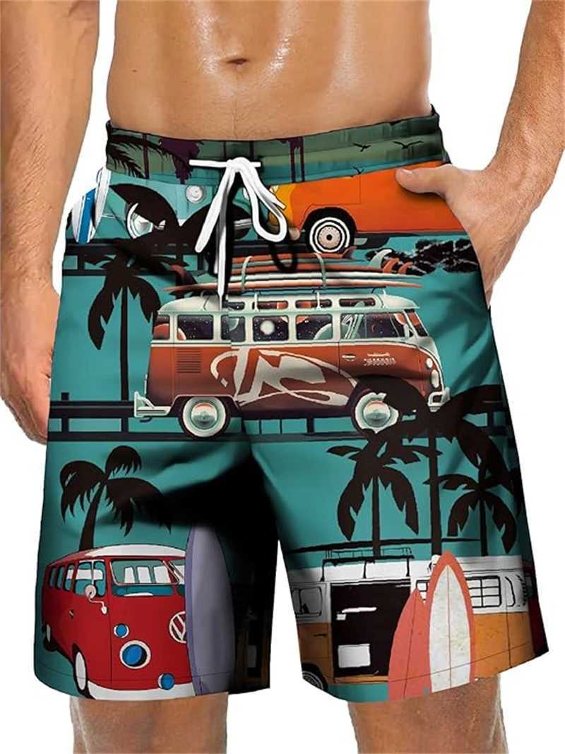 Mens loose beach shorts funny bus 3D printing Hawaiian shorts Harajuku street clothing luggage mens clothing fashionable childrens swimming trunkW2504