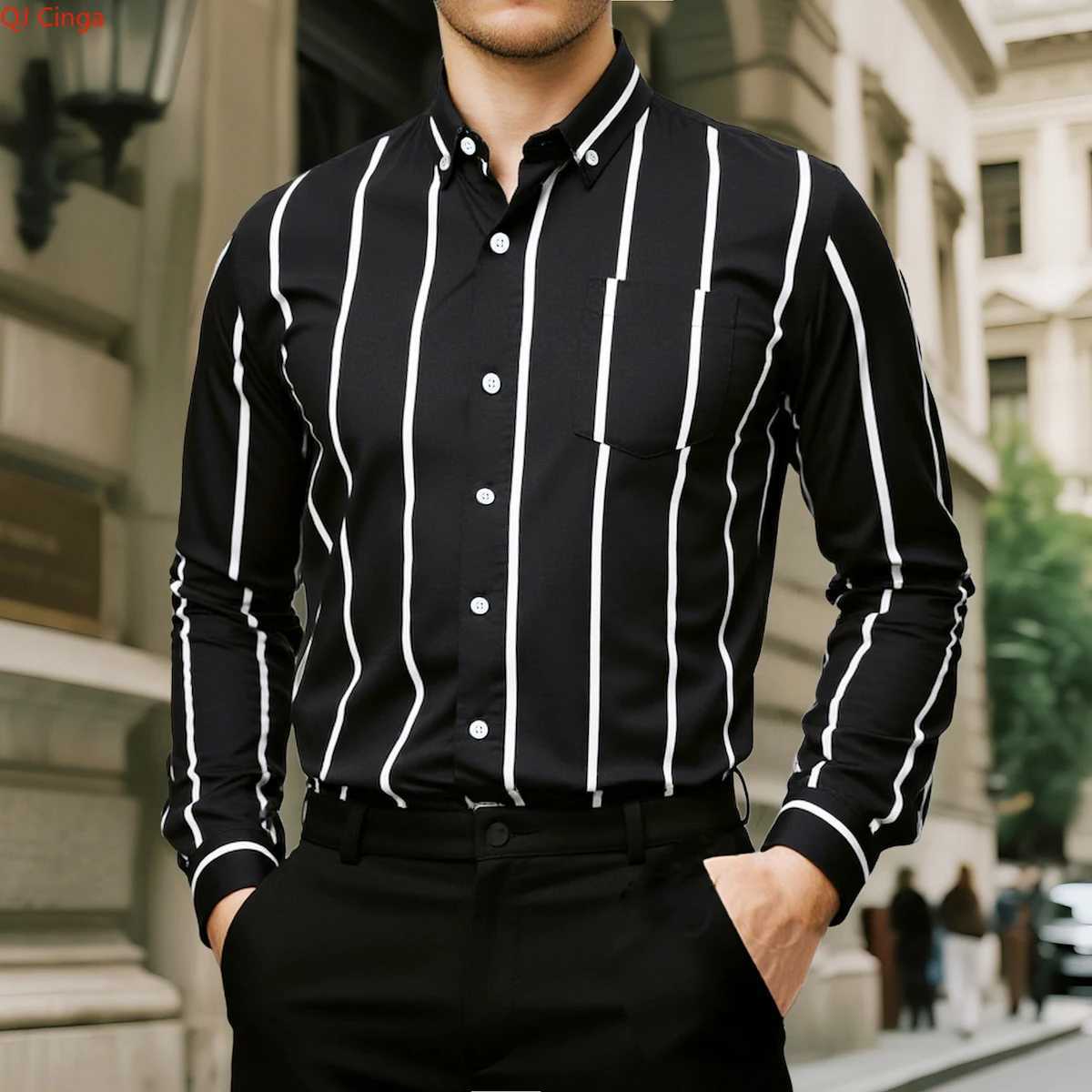 Black Striped Mens Long-Sleeve Shirt Asian Size Single-Button Collar Shirt Available in White Blue Red and Gray K251110