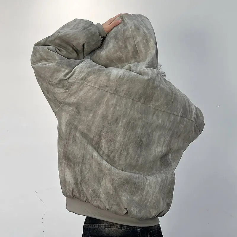 Winter mens cotton jacket with fur collar eagle embroidery and tie-dye outdoor style jacket thickens and comfortable 251105