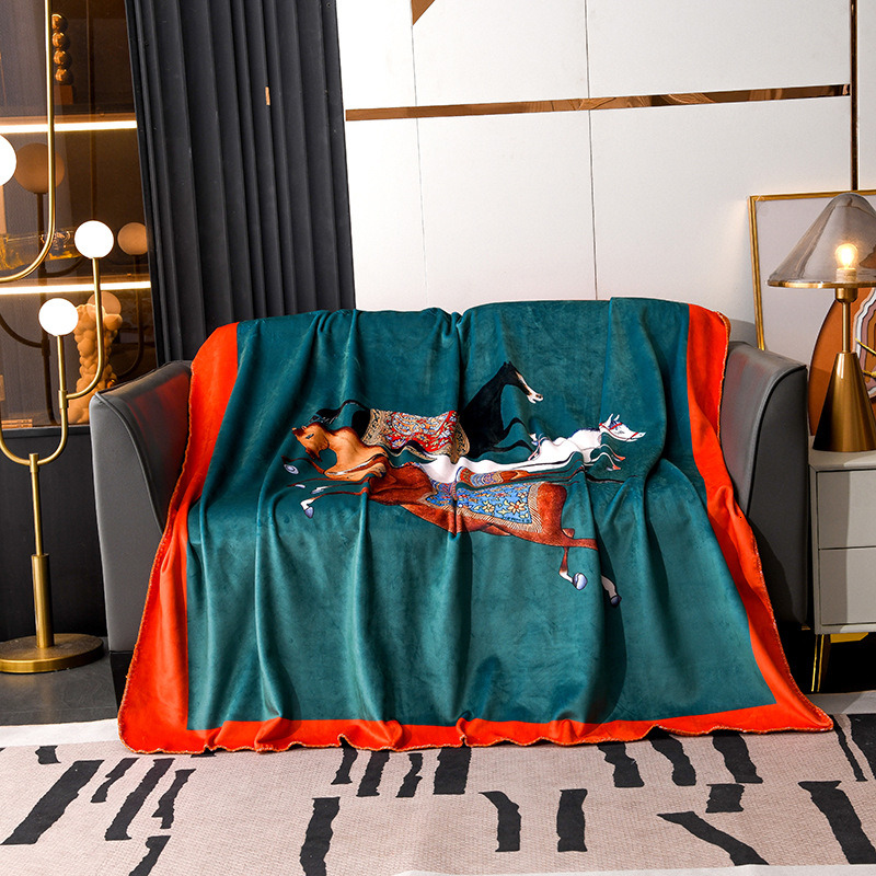 High end fox fur blanket, thickened double-layer composite heavy-duty blanket, spandex digital printed European and American light luxury blanket ddmy