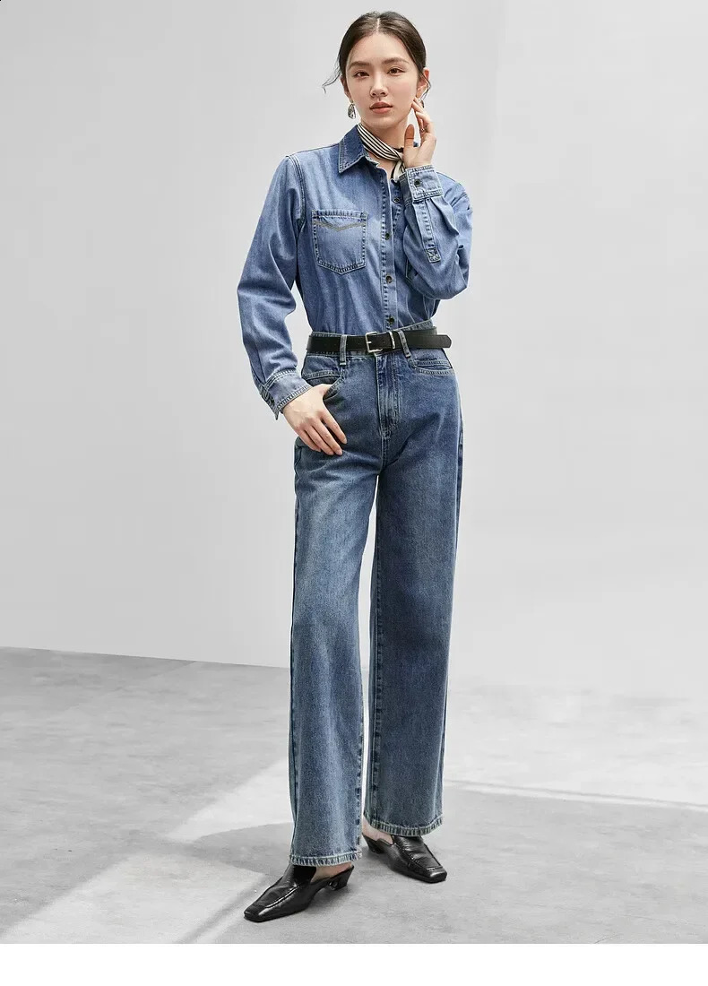 SENTUBILA Retro Cotton Denim Womens Shirt Spring 2025 Wash Collar Single Chest Comfortable Casual W43C56147 250411e