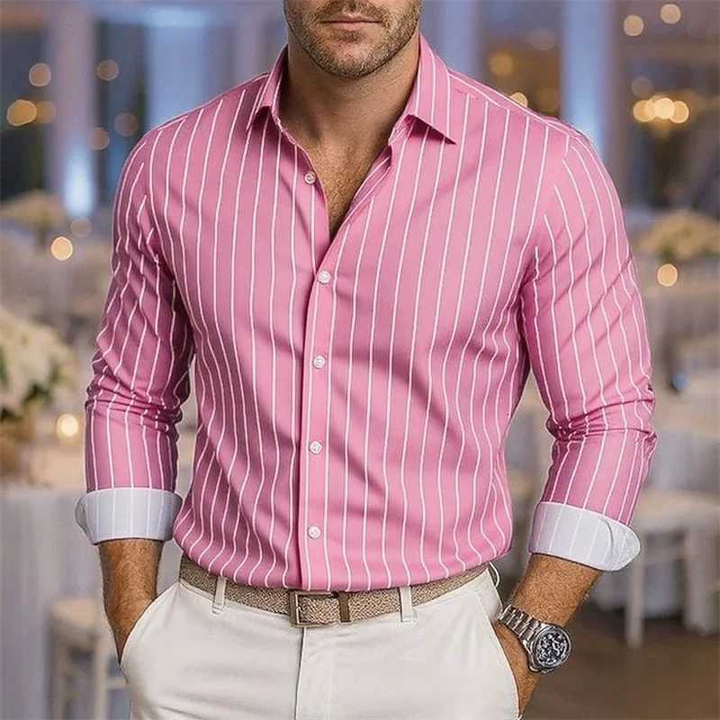 Mens loose striped shirt casual breathable lapel button long sleeve shirt festive wedding shirt soft and comfortable fabric K251110