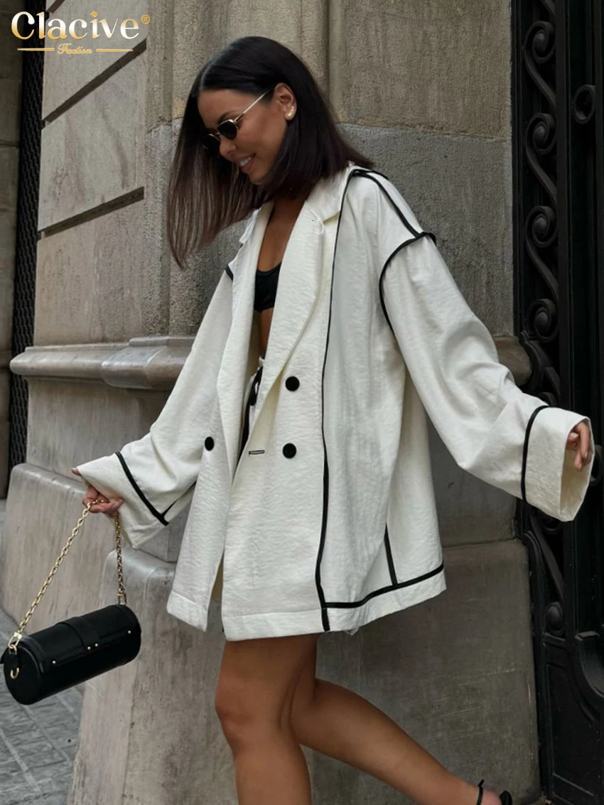 Clacive Fashion Loose White 2 Piece Sets Women Outfit Casual Long Sleeve Shirt With High Waist Shorts Set Female Streetwear 251105