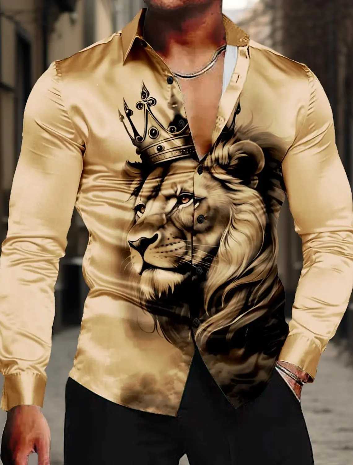 Lion King Casual Mens Shirt Satin Artificial Silk Formal Summer Spring Fall Turndown Long Sleeve 4-Way Stretch Fabric Shirt K251110