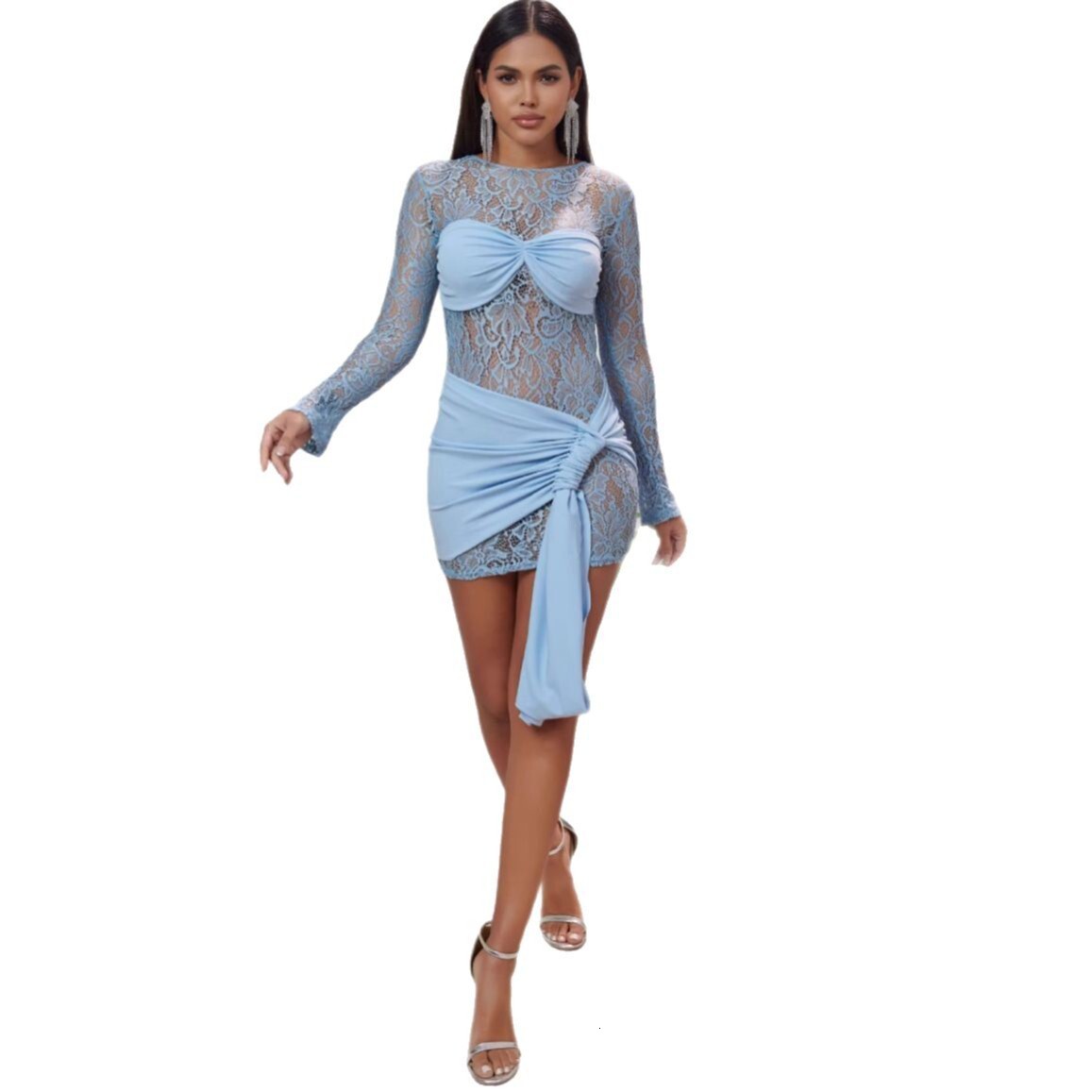 Wind 2025 Spring/Summer New Women's Fashion Sexy Round Neck Lace Splicing Long Sleeve Slimming Dress