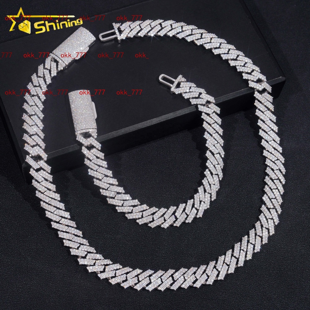 Pass Diamond Tester Hip Hop 925 Silver Two Row Straight Edge 12MM Moissanite Cuban Link Chain