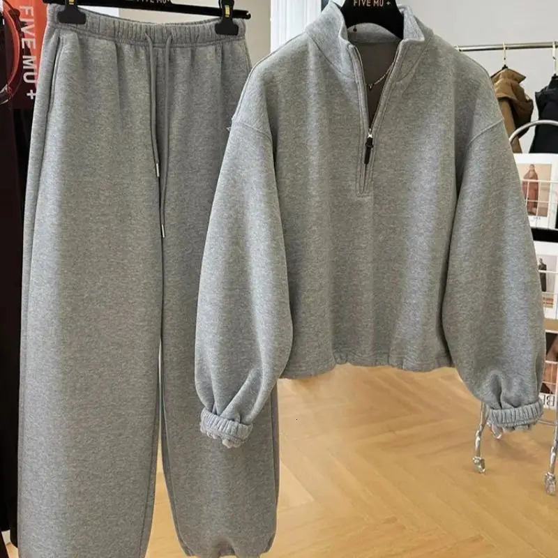 BAFU Autumn Winter Fleece Grey Sprotwear Women Zipper Pullover HoodieDrawstring Wide Leg Pants Casual Loose Tracksuit 004F 251105