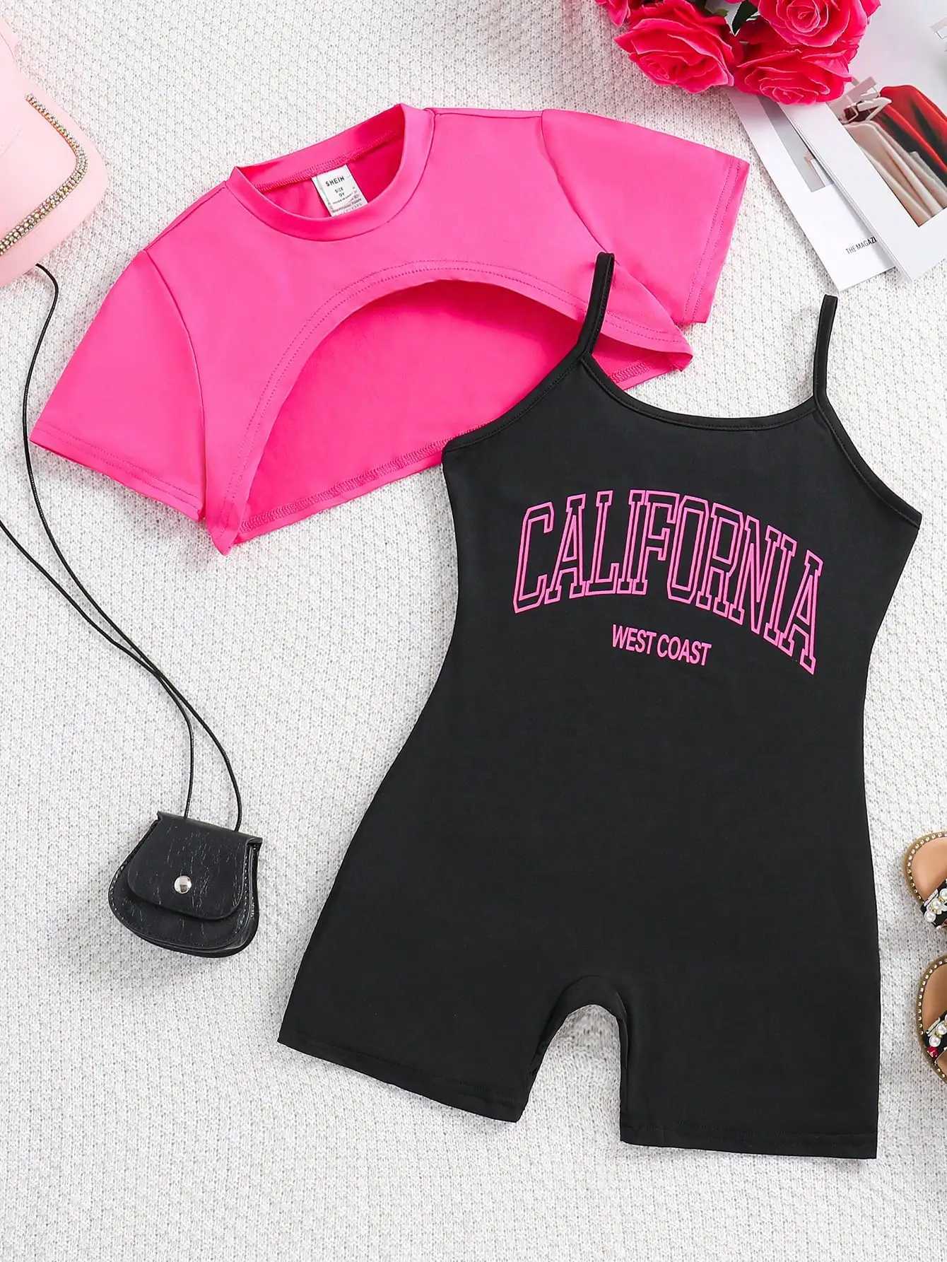 New summer street fashion two-piece set for girls aged 8-12+slim fitting jumpsuit+short sleeved sexy backless design T-shirt topXJ250410