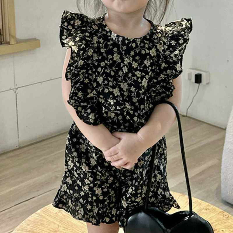2024 Baby and Girl Summer Clothing Set Printed Flower Shirt+Shorts Childrens Girl Birthday Princess 2-piece Set Childrens ClothingXJ250410