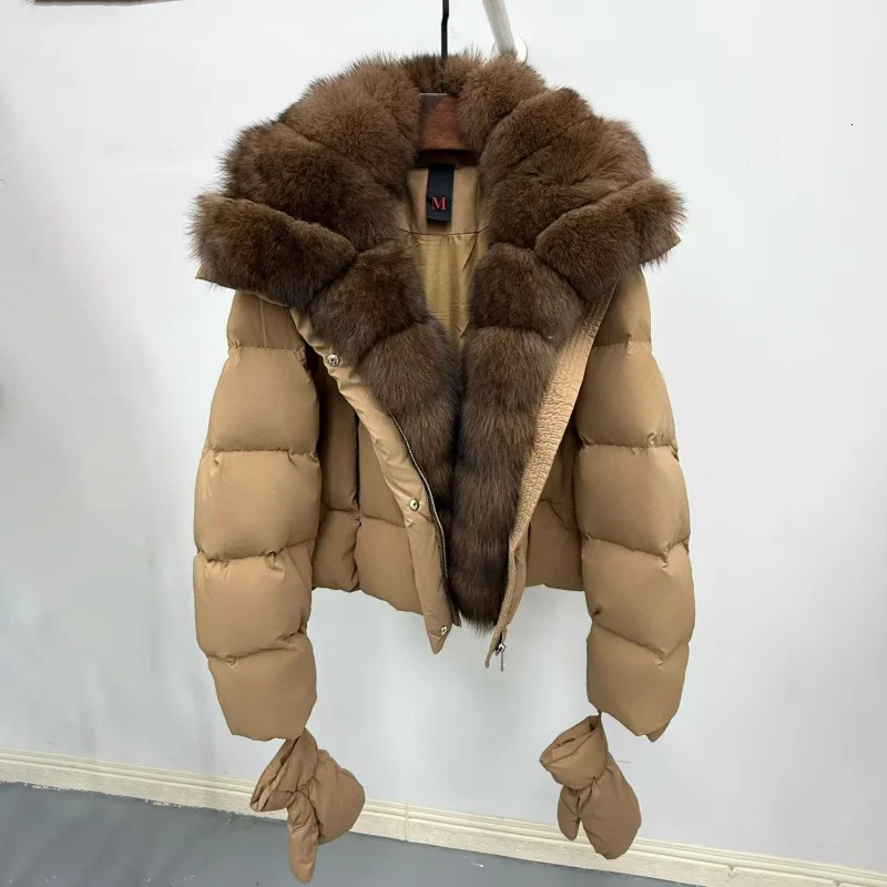 Winter High-Quality Womens Fox Fur Collar Hooded down Jacket Y2K Fashion Casual Thick Warm Goose down Coat with Gloves 251110
