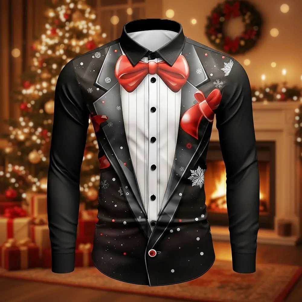 Funny Christmas Mens Christmas Costume Faux Collar and Suit Design Suit Tie Printed Tuxedo Shirt Long Sleeve Button Up Shirt K251110