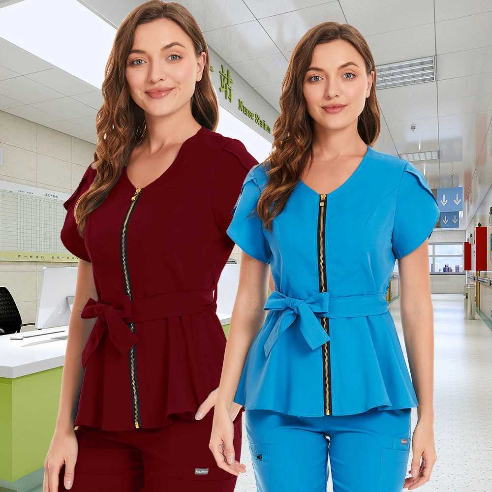 Korean style beauty Sn workwear operating room uniform medical uniform womens ultra-thin with frosted top clinical workwear X250410