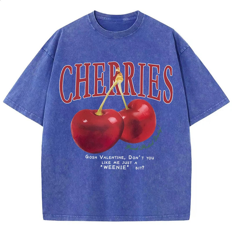 Women Cotton Washed T-Shirts Trend O-Neck Distressed Tops Fresh Red Cherries Print Short Sleeve Summer Street Female Clothes 250410