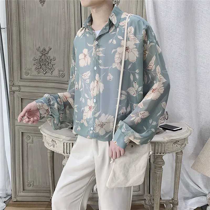 Fashion Street 3D Printed Loose Collar mens Long Sleeve Top Simple Design Floral Pattern Shirt Loose mens Long Sleeve Shirt K251110