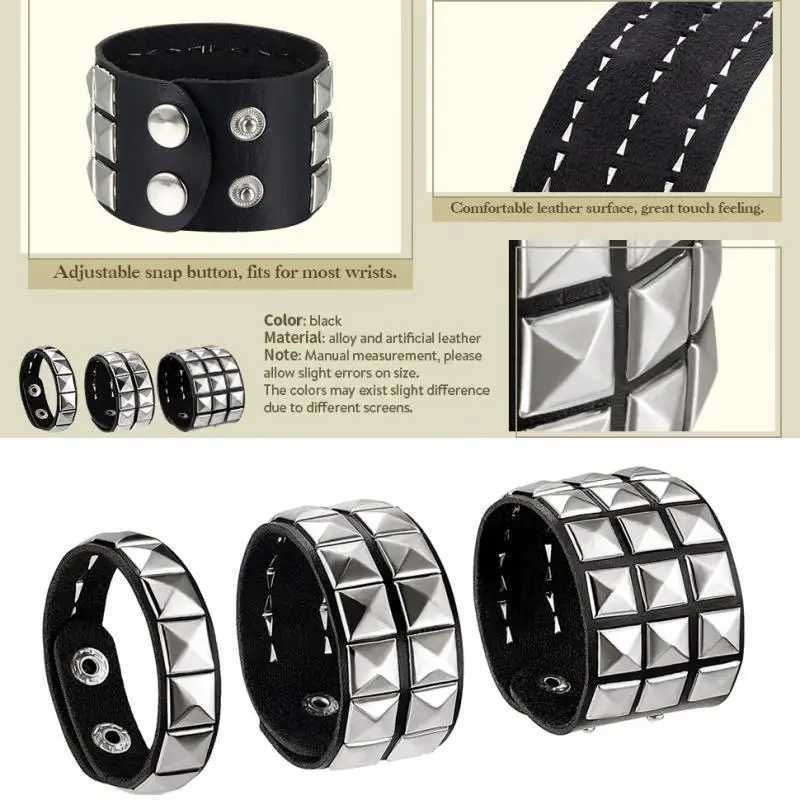 3Pcs Studded Punk Bracelets for Men Women Buckle Cuffs Pyramid Wristband Rivet Cuff Bangle Wear Proms Rock Costumes Black L251111
