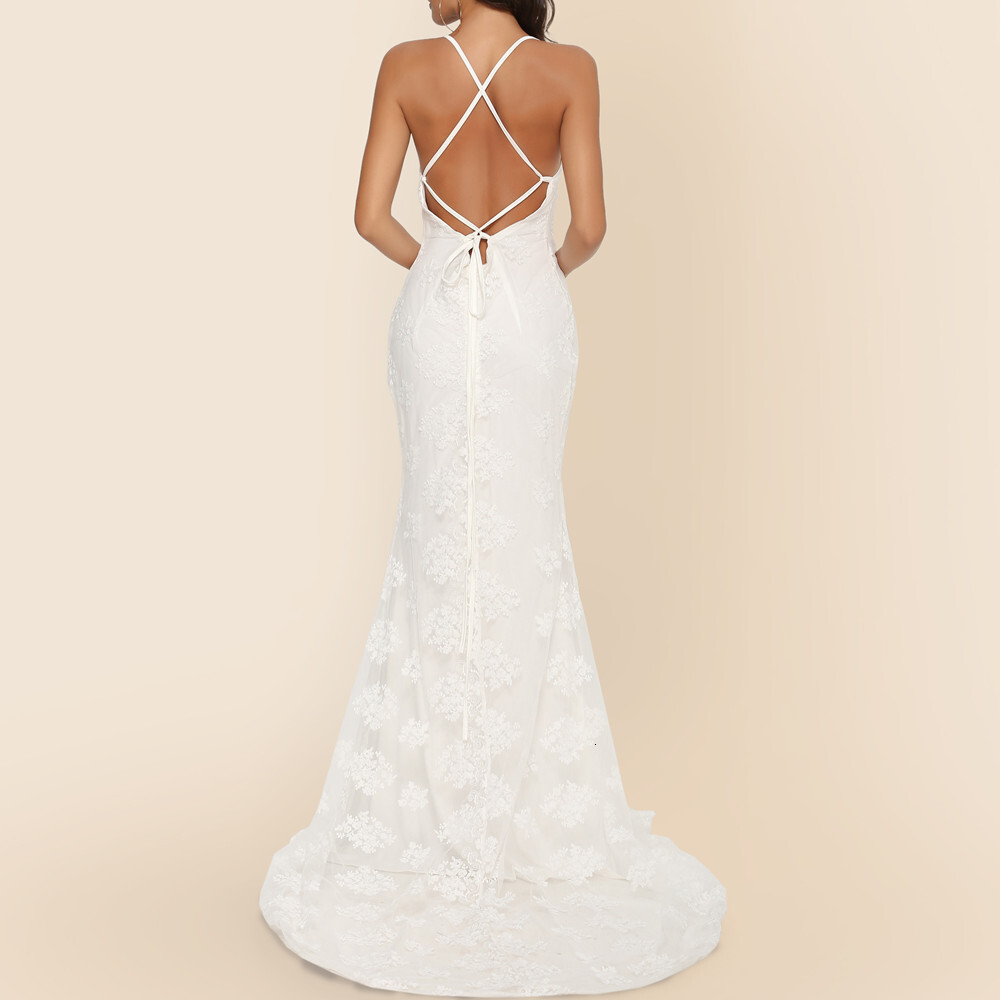 Women's Sexy Strap V-Neck Large Tail Wedding Dress