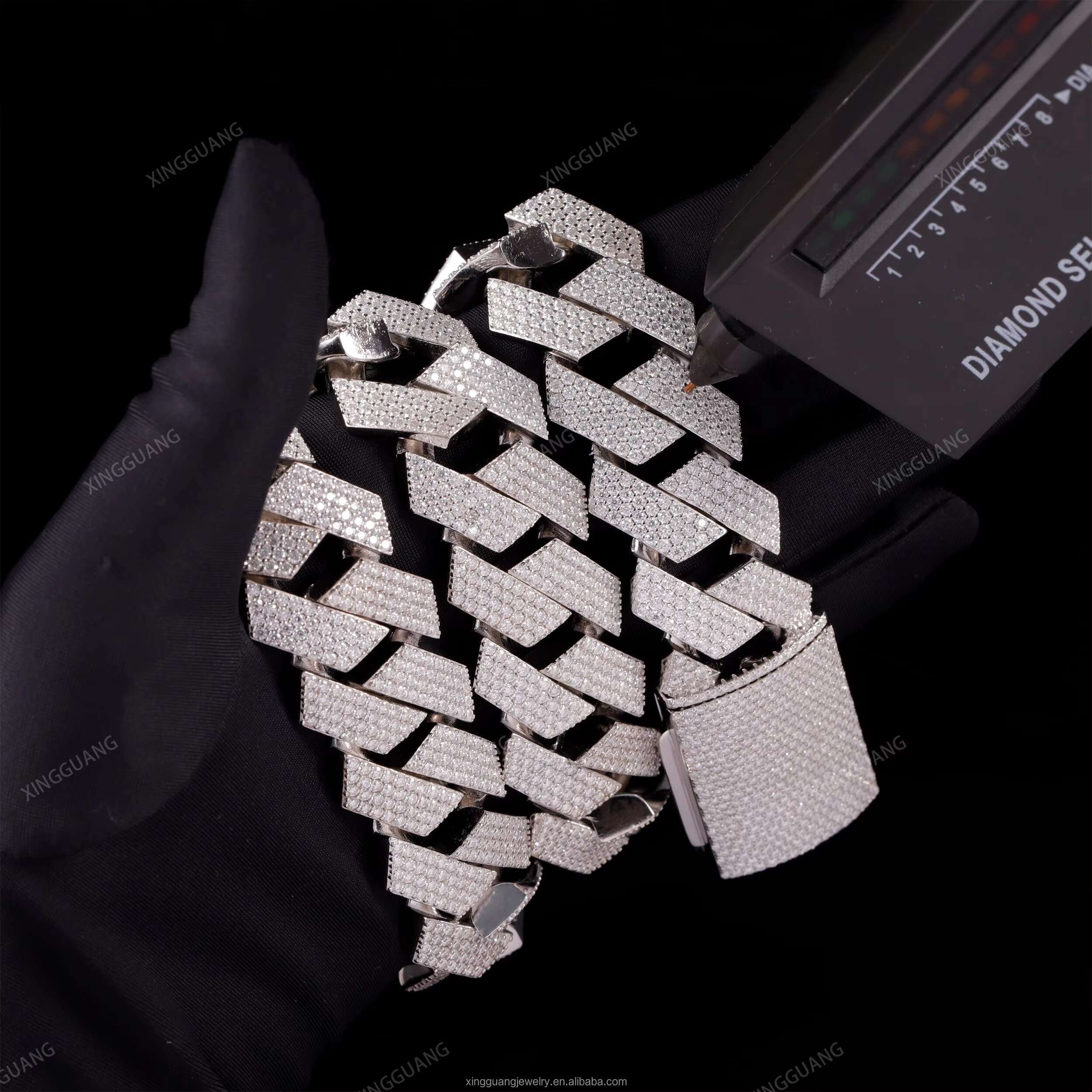 XingGuang Jewelry 24mm 4rows VVS Moissanite Cuban Link Chain Ice Custom Diamond Silver Miami Cuban Chain Necklace for Men