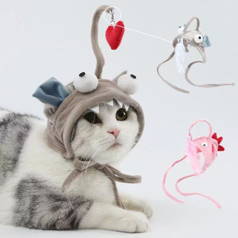 Cat hat with a built-in cat toy, cat headgear, pet dog feather self-entertainment toy, pink hat