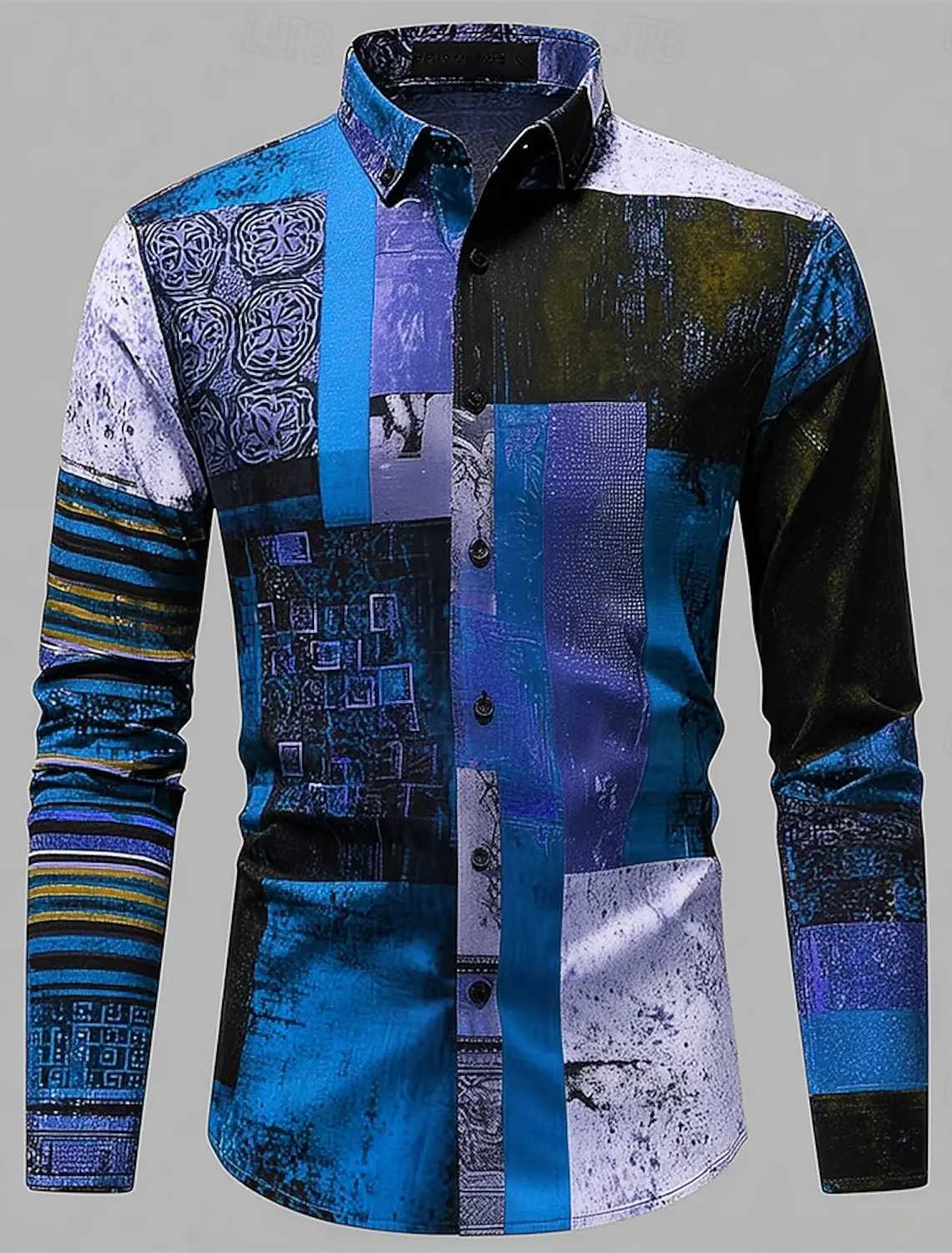 2025 Vintage Mens Color Block Patchwork Shirt 3D Printed Shirt Button Up Shirt Casual Long Sleeve Shirt Street Blouse for Men K251110