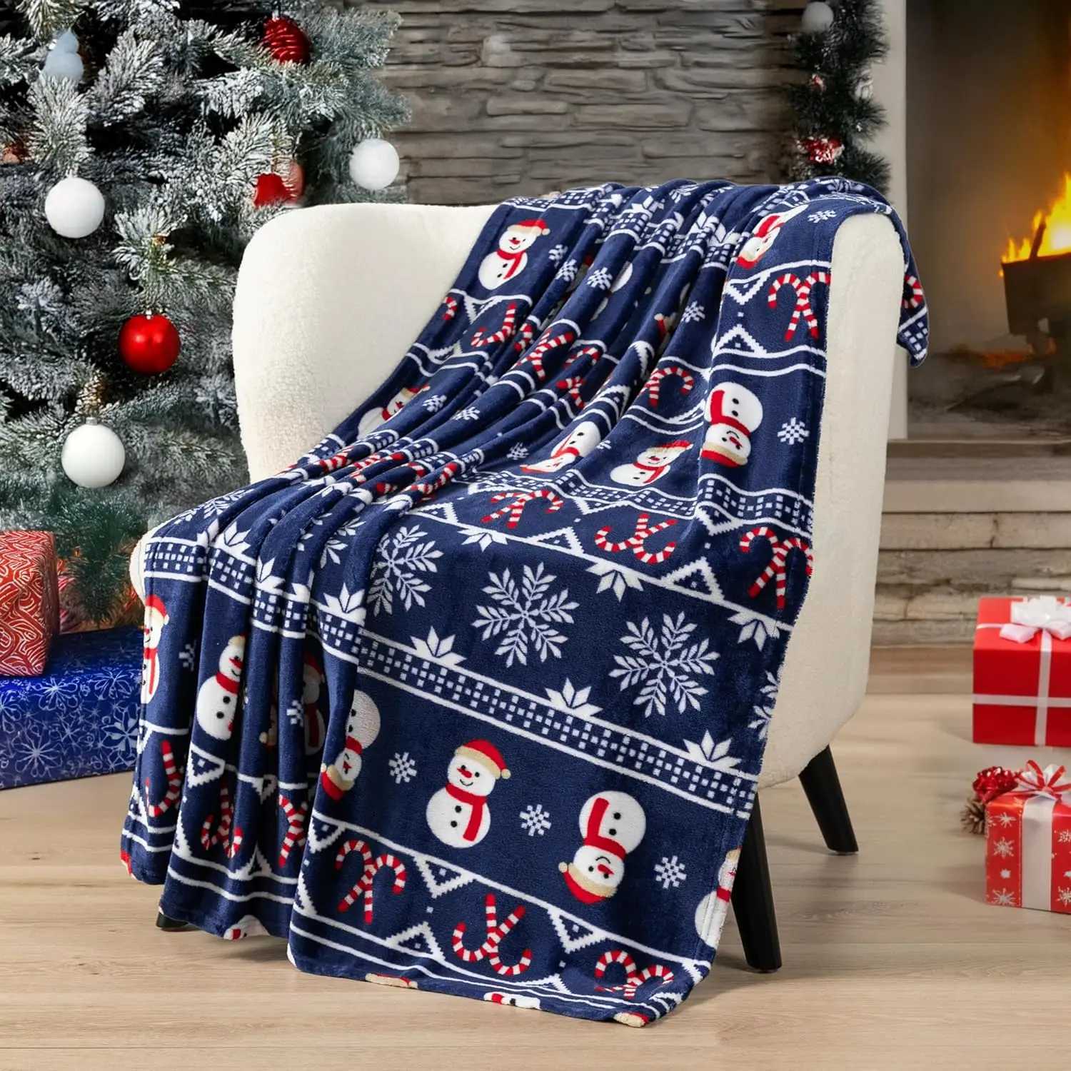Christmas Snowman Throw Blanket Blue Holiday Christmas Fleece Blanket Soft Plush Warm Winter Cabin Throw Blue Christmas C251111