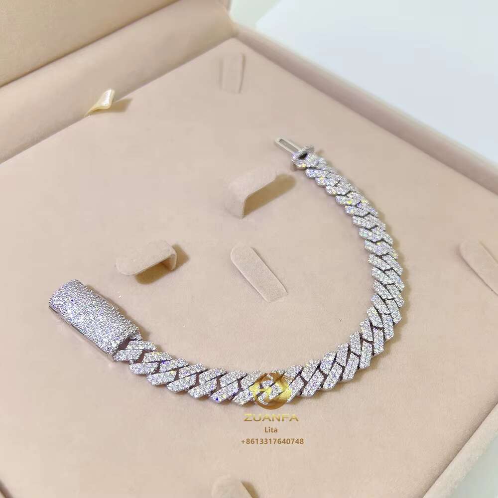Fashion Fine Iced Out Jewelry Custom Gold Plated Long Clasp Cuban Link Chain Moissanite 10mm Silver Cuban Bracelet
