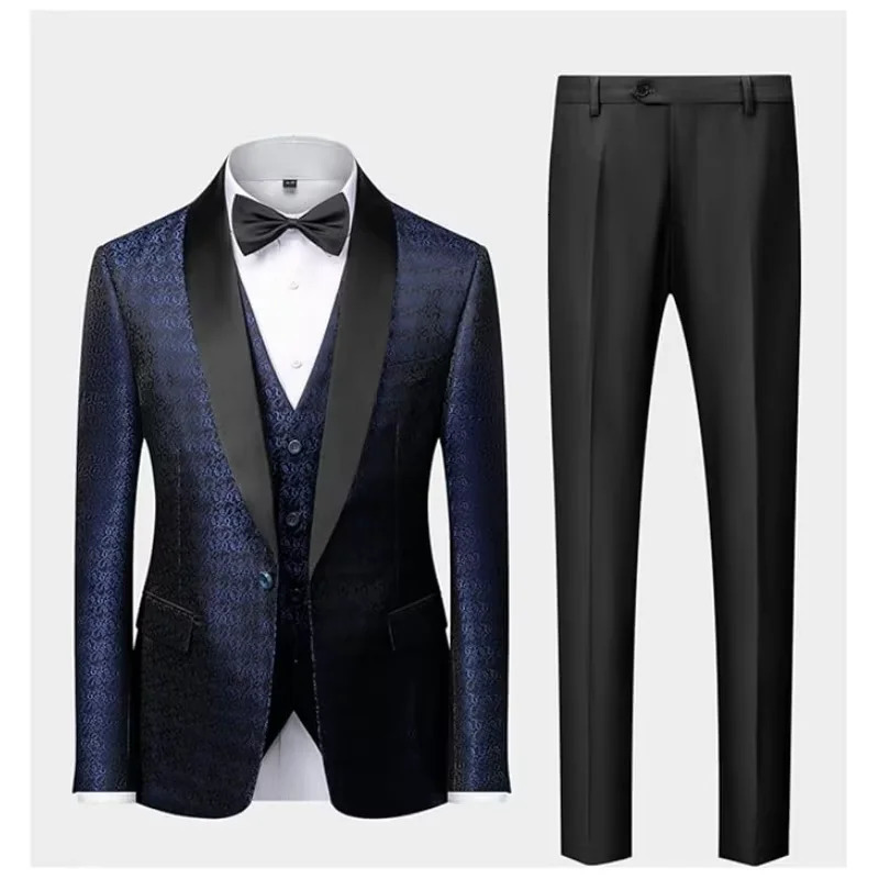 Mens 3-Piece Jacquard Wedding Suit - Slim Fit Vintage Tuxedo BlazerVestPants 1-Button Groomsmen Formal Attire 251107