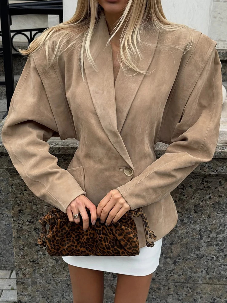 Talenza Vintage Brown Suede Jacket Women Fashion Solid V Neck Long Sleeve Pocket Lapel Single Button Coat Fashion Street Outwear 251106