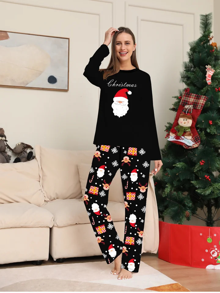 Merry Christmas Couple Pajamas - Long Sleeve Black Santa Print Festive Pattern Pants Set 251106