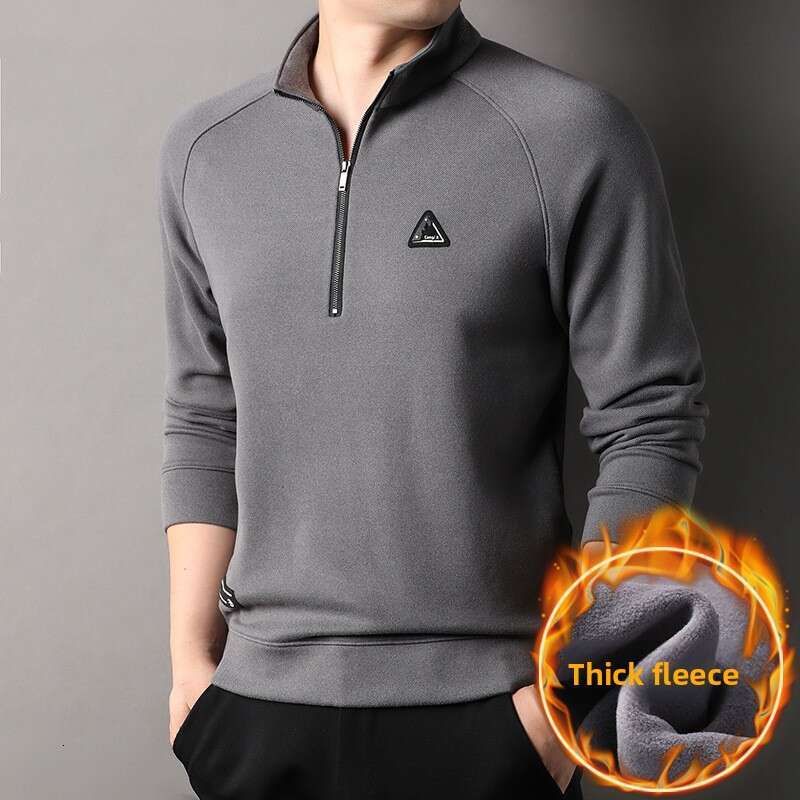 Solid Color Half-Zip Stand Collar Long Sleeve Sweatshirt For Men, Autumn And Winter Trendy Fleece Lined Thickened Casual Base Shirt Top Wholesale