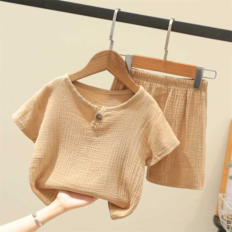 Summer childrens clothing set suitable for 0-6Y boys and girls cotton linen plain weave set T-shirt top+shorts 2 pieces of baby terrace clothingXJ2504
