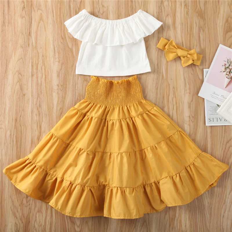 1-7Y Summer Childrens Baby Girls White Ruffle T-shirt Crop Top Yellow High Waist Skiing 3-Piece Set Girls Clothing SetXJ250410