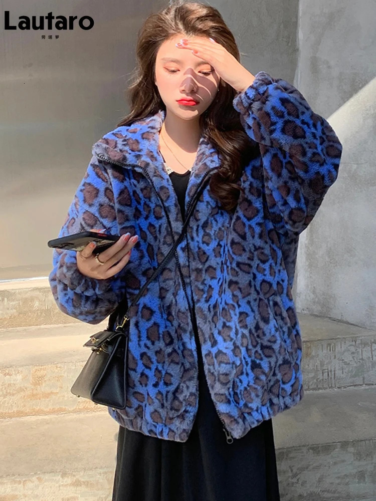 Lautaro Winter Oversized Colorful Leopard Print Faux Fur Coat Women Long Sleeve Zip Up Warm Soft Fluffy Jacket Korean Fashion 251105