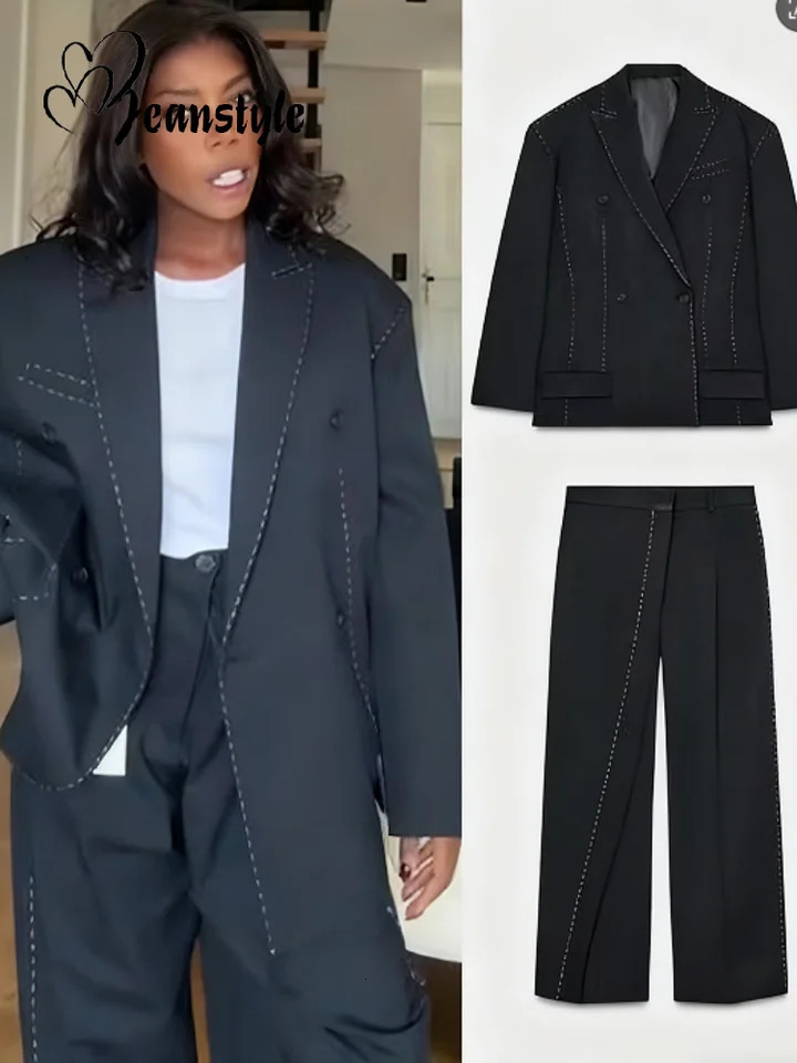 Casual Womens Blazer Pant Suits Loose Lapel Doube-Breasted Top Straight Pants Lady Set 2025 Autumn 2 Pieces Sets Women 251105