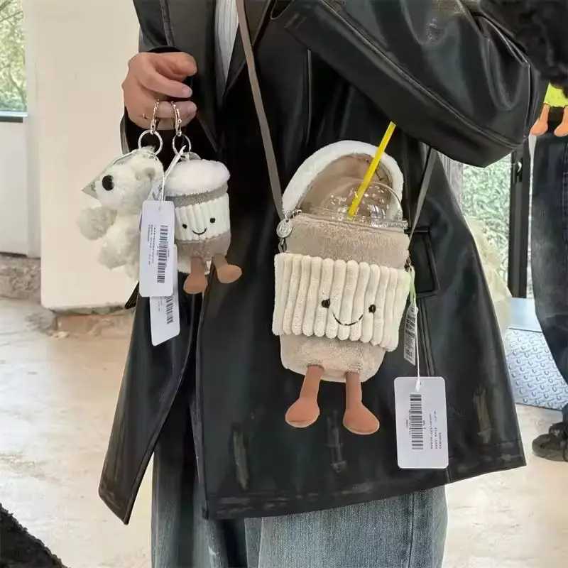 Cartoon Jelly Cat Coffee Milk Tea Bag Fun Pendant Plush Toy Keychain Doll Cup Ten Font Plush Bag Plush Doll Bag W250411