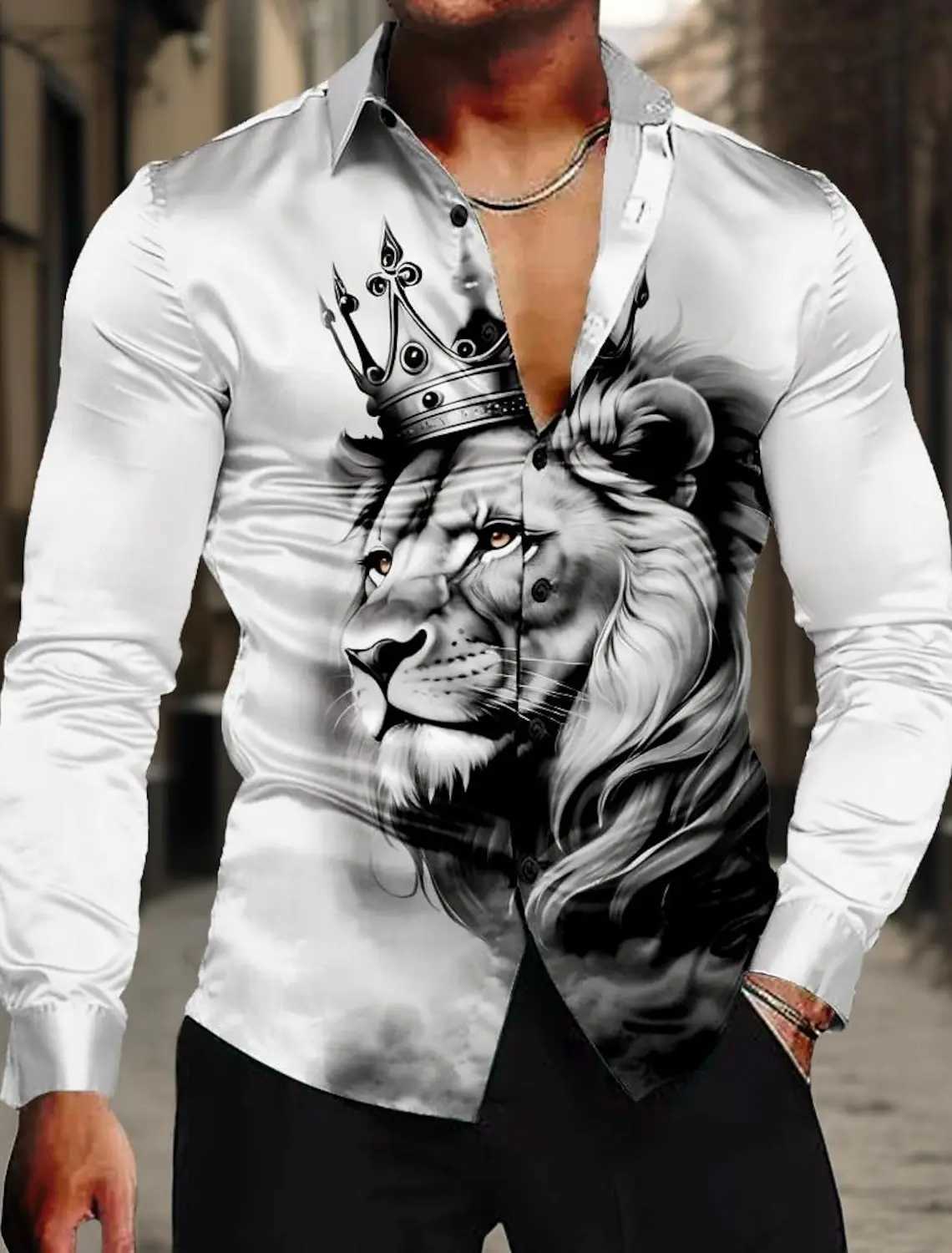 Lion King Casual Mens Shirt Satin Artificial Silk Formal Summer Spring Fall Turndown Long Sleeve 4-Way Stretch Fabric Shirt K251110