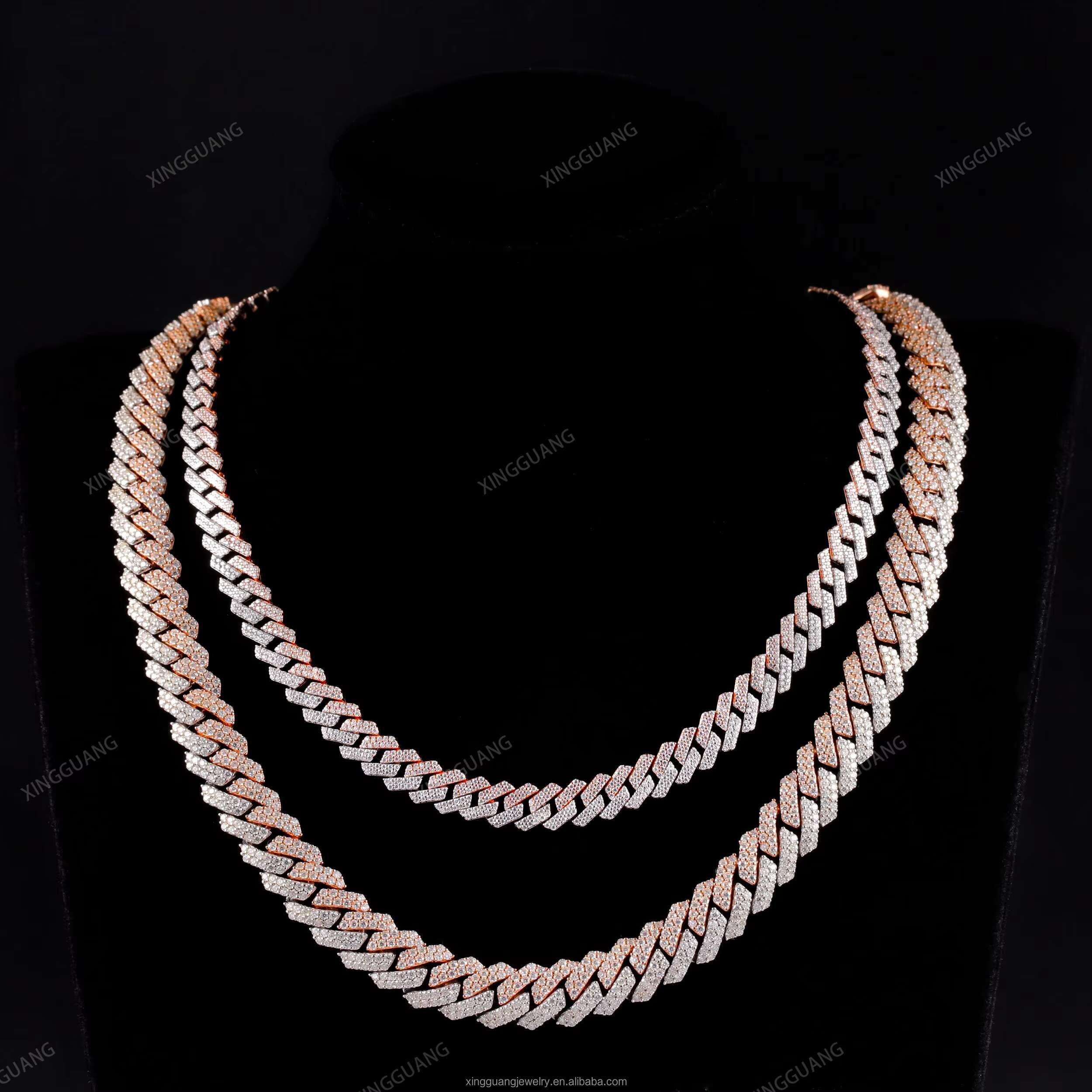 Hot Sale Style 12mm 2Row Solid Silver Iced Out Moissanite Diamond Cuban Link Chain Hiphop Chain Miami Cuban Chains Necklace