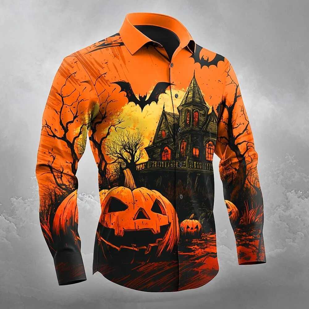 2025 Fall Winter Mens Pumpkin Haunted House Halloween Costumes Shirt Button Up Shirt Long Sleeve Shirts Gothic Style Tops K251110