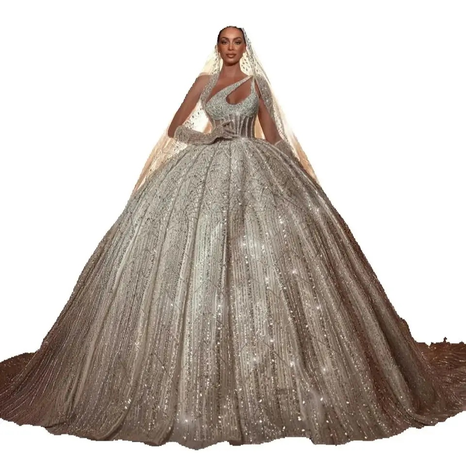 Luxurious Sequined Wedding Dresses Ball Gown One Shoulder Sleeveless Vestido De Noiva Beaded Sequined Bridal Dress Customized