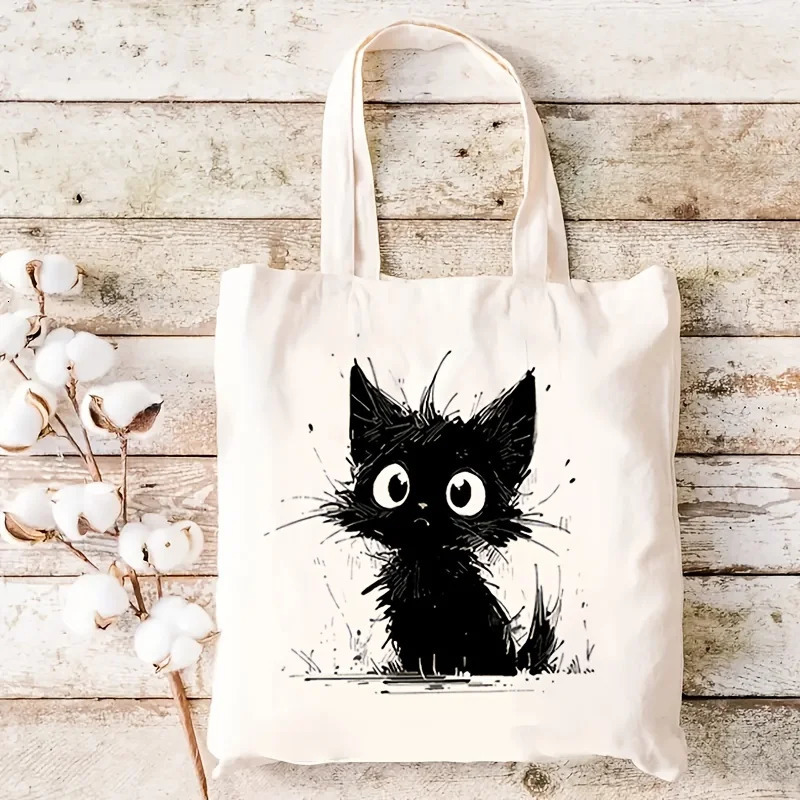 Casual Canvas Tote Bag with Cute Cat Print Reusable Animal Printed Shopper Fixed Shoulder HighCapacity for Shopping 251110